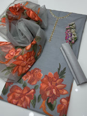 3 Pc Unstitched Handmade Stone Beads Organza