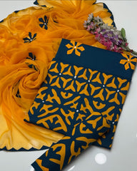 3 Pc Unstitched Handmade Applic Lawn