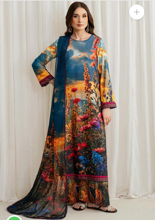 3 pc unstitched digital print Swiss lawn