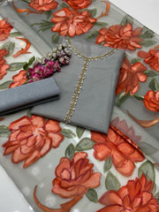 3 Pc Unstitched Handmade Stone Beads Organza