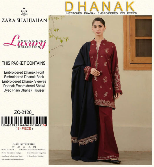 3 pc unstitched Marina dhanak embroidered