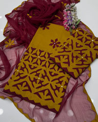 3 Pc Unstitched Handmade Applic Lawn