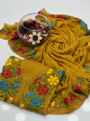 2 Pc Unstitched Ribbon work Chiffon