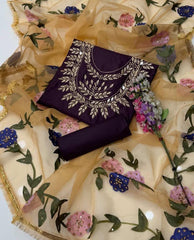 3 Pc Fancy Mirror Unstitched Katan Silk