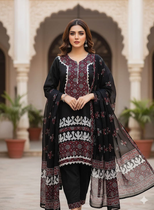 3 Pc Unstitchd Ajrak Cotton Applique