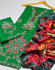 3 pc unstitched Dhanak fabric embroidered