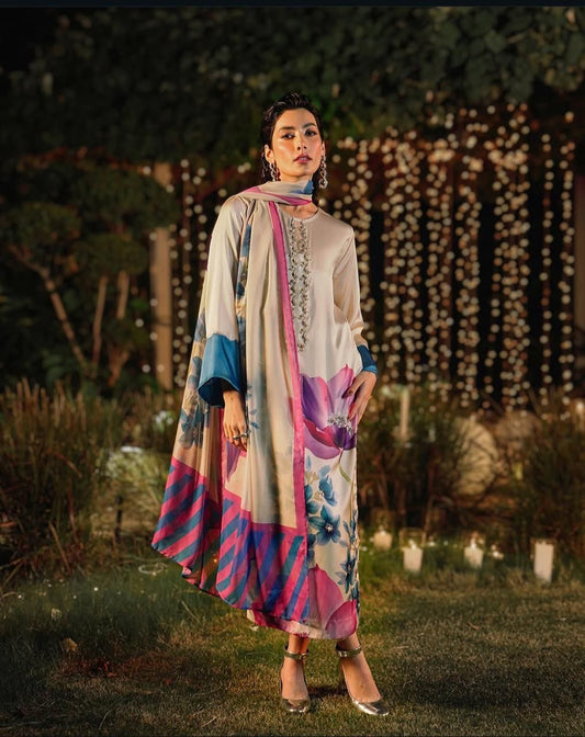 3 Pc Unstitched Shamoze Silk Neck Fancy