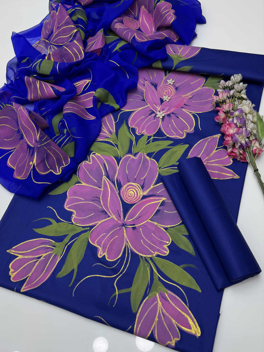 3 Pc Unstitched Handmade Oilpaint Lawn