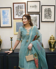 2 pc unstitched zari sequence hand paint organza