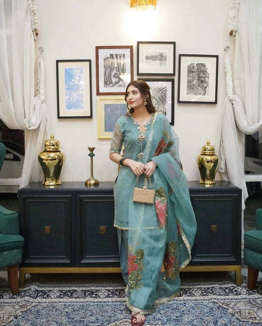 2 pc unstitched zari sequence hand paint organza