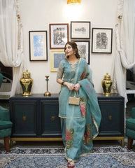 2 pc unstitched zari sequence hand paint organza