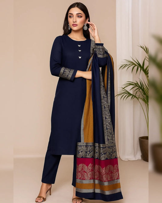 3 Pc Unstitched Dhanak Marina 3D pashmina