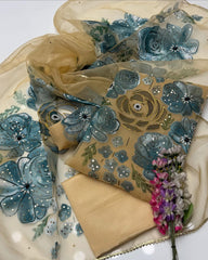 3 Pc Unstitched Handmade Oil Paint Organza