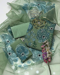 3 Pc Unstitched Handmade Oil Paint Organza