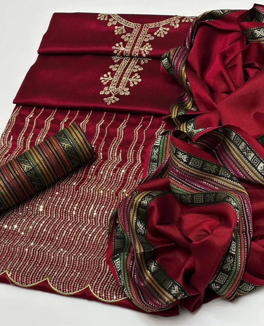 3 pc unstitched Susi silk sequence embroidered