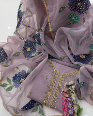 2 Pc Unstitched Organza Zaari Beads Oil Paint