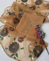 2 Pc Unstitched Organza Zaari Beads Oil Paint