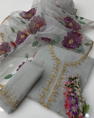 2 Pc Unstitched Organza Zaari Beads Oil Paint