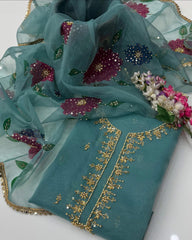 2 Pc Unstitched Organza Zaari Beads Oil Paint