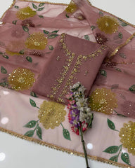 2 Pc Unstitched Organza Zaari Beads Oil Paint