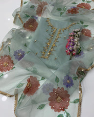 2 Pc Unstitched Organza Zaari Beads Oil Paint