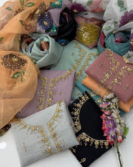 2 Pc Unstitched Organza Zaari Beads Oil Paint