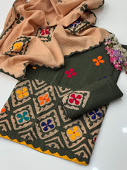 3 Pc Unstitched Cotton khaddar Applic
