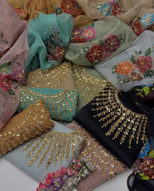 2 pc unstitched zaari beads organza oil paint