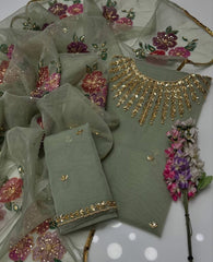 2 pc unstitched zaari beads organza oil paint