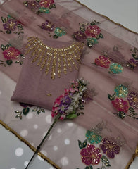 2 pc unstitched zaari beads organza oil paint