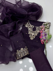 3 pc unstitched handmade kundan azari organza