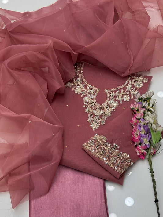 3 pc unstitched handmade kundan azari organza