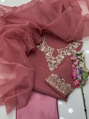 3 pc unstitched handmade kundan azari organza