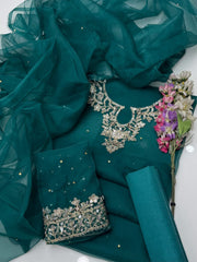 3 pc unstitched handmade kundan azari organza