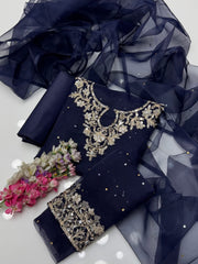 3 pc unstitched handmade kundan azari organza