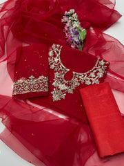 3 pc unstitched handmade kundan azari organza