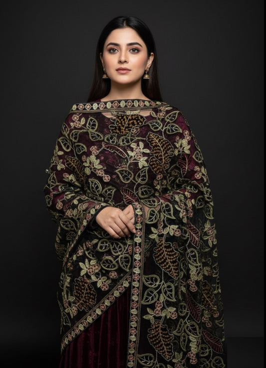 Velvet Cutwork Ari Embroidered Net Jaal Shawl
