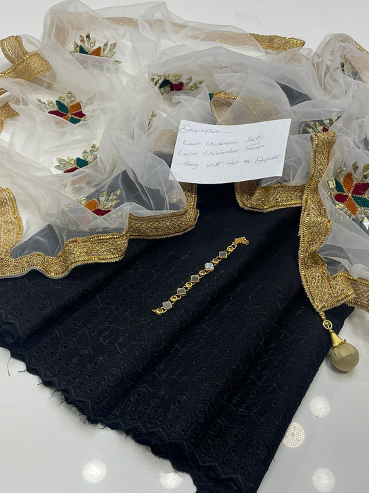 3 PC UNSTITCHED CHICKEN KARI LAWN DRESS / KHAN BOUTIQUE