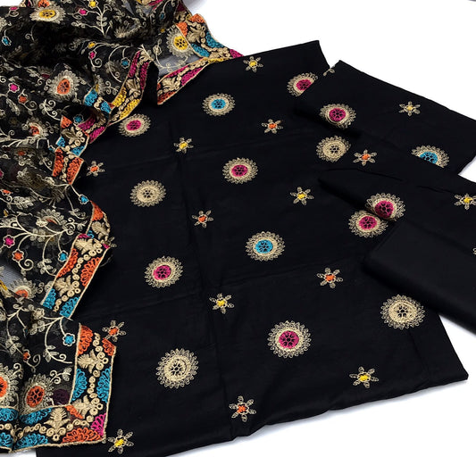 3 pc unstitched Lawn Cotton Thread Work Embroidered