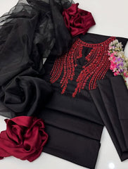 3 Pc Unstitched Rehsham Beads Work Organza