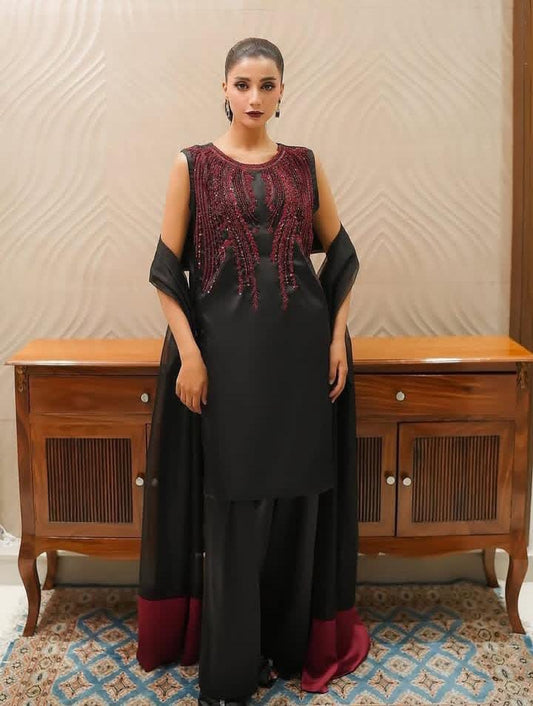 3 Pc Unstitched Rehsham Beads Work Organza