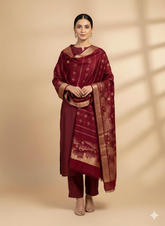 3 Pc Unstitched Dhanak with 3D jacquard shawl