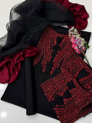 3 Pc Unstitched Rehsham Beads Work Organza