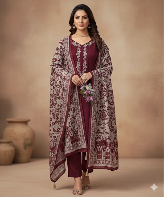 3 Pc Unstitched Dhanak Marina Embroidered