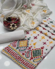 3 Pc Unstitched Pure Lawn Afghani Work Handmade