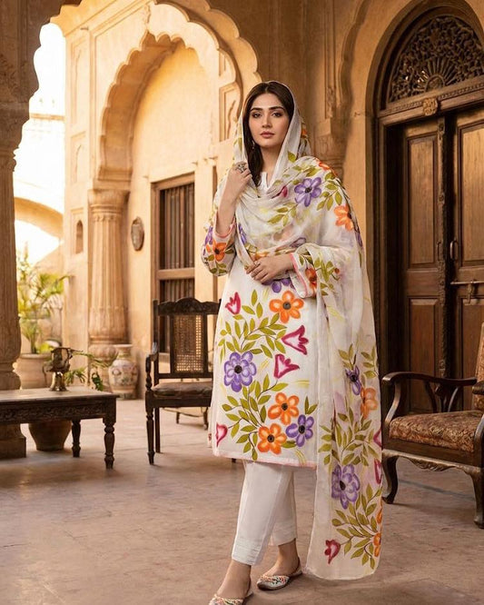 3 Pc Unstitched Oil Paint Work Lawn