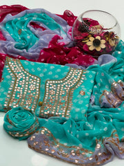 2 Pc Bamber Chiffon Handmade Chunri Gotta