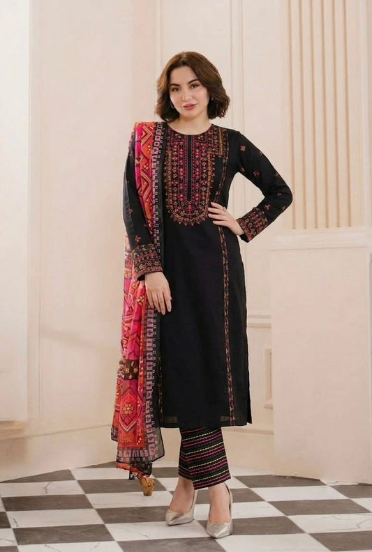 3 Pc Unstitched Lawn Multi Embroidered