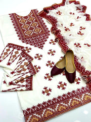 3 pc Unstitched neck embroidery Lawn