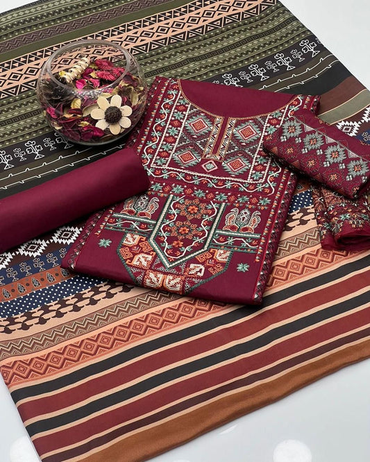 3 Pc Unstitched Dhanak Embroidered